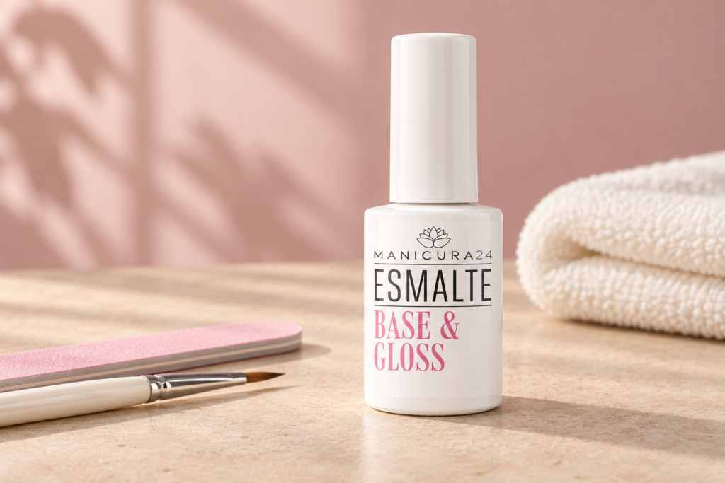 Frasco de Base & Gloss junto a una lima rosa