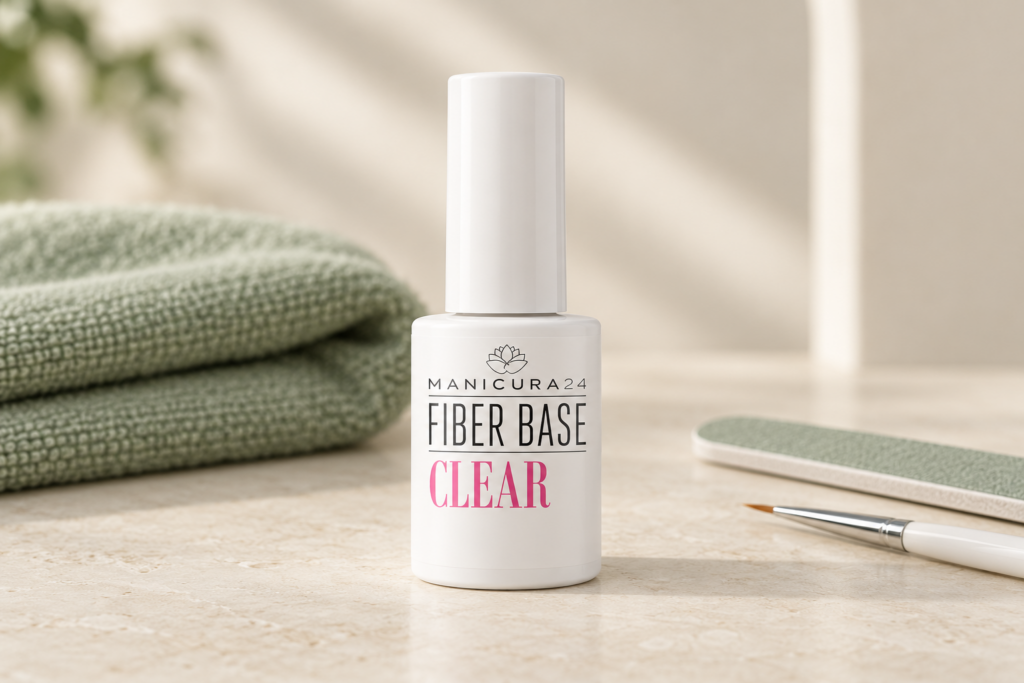 Frasco de Fiber Base Clear junto a una toalla verde salvia
