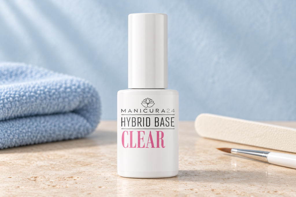 Frasco de Hybrid Base Clear con fondo azul empolvado